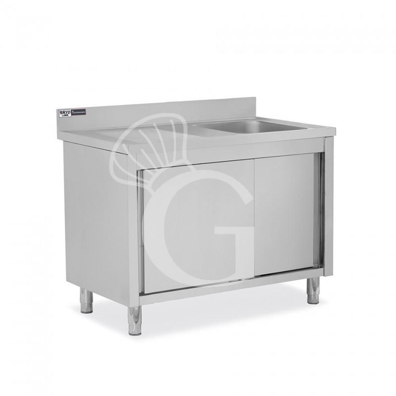 Spülschrank, Edelstahl, Schiebetüren, 1 Becken, Abtropffläche links, B 1300 x T 600 x H 965 mm, Hahnloch (Ø 32 mm)
