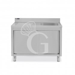 Spülschrank, Edelstahl, Schiebetüren, 1 Becken, Abtropffläche links, Aufkantung, Hahnloch Ø 32 mm, B 1300 x T 700 x H 965 mm