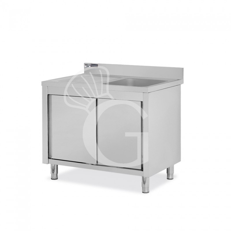 Spülschrank, Edelstahl, Schiebetüren, 1 Becken, Abtropffläche links, Aufkantung, B 1000 x T 600 x H 965 mm, Hahnloch (Ø 32 mm)