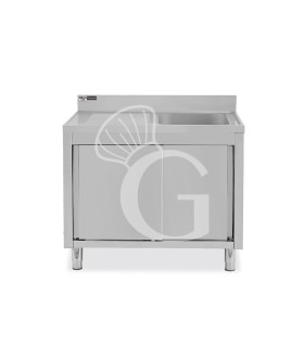Spülschrank, Edelstahl, Schiebetüren, 1 Becken, Abtropffläche links, Aufkantung, B 1000 x T 600 x H 965 mm, Hahnloch (Ø 32 mm)