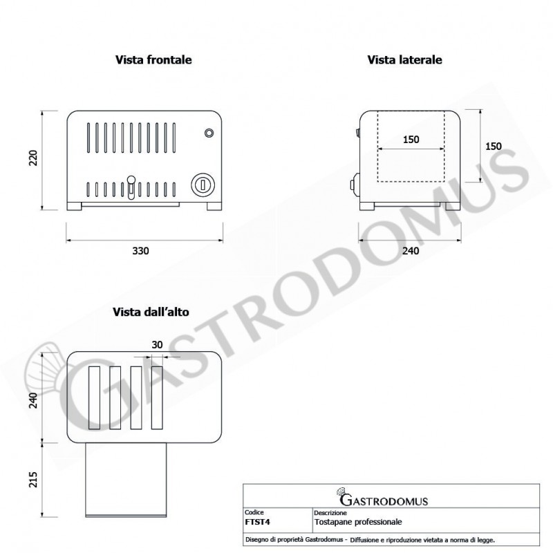 Gastro Toaster, 4 Brotscheiben, 2300 W, B 330 mm x T 240 mm x H 220 mm
