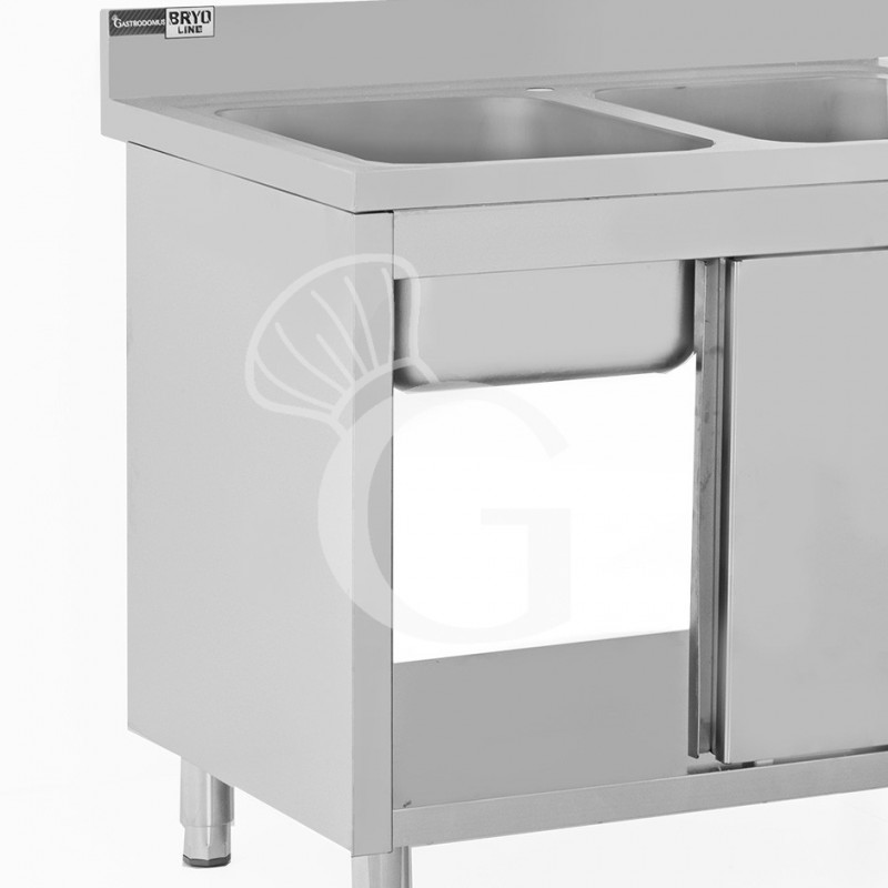 Spülschrank, Edelstahl, Schiebetüren, 2 Becken, Aufkantung, B 1400 x T 600 x H 965 mm, Hahnloch (Ø 32 mm)