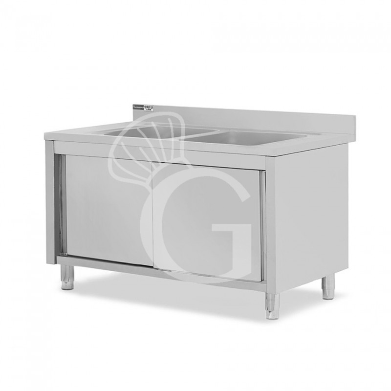 Spülschrank, Edelstahl, Schiebetüren, 2 Becken, Aufkantung, B 1400 x T 600 x H 965 mm, Hahnloch (Ø 32 mm)