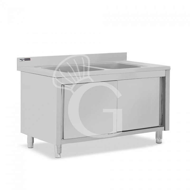 Spülschrank, Edelstahl, Schiebetüren, 2 Becken, Aufkantung, B 1400 x T 600 x H 965 mm, Hahnloch (Ø 32 mm)