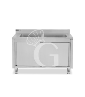Spülschrank, Edelstahl, Schiebetüren, 2 Becken, Aufkantung, Hahnloch Ø 32 mm, B 1600 mm x T 700 mm x H 965 mm