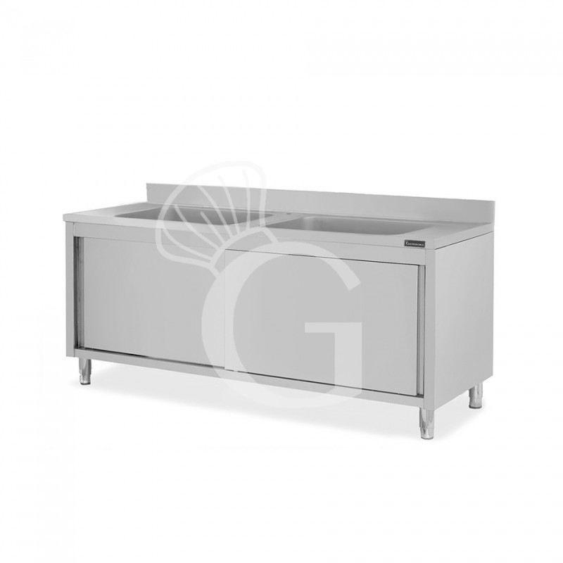 Spülschrank, Edelstahl, Schiebetüren, 2 Becken, Aufkantung, B 2000 mm x T 600 mm x H 950 mm