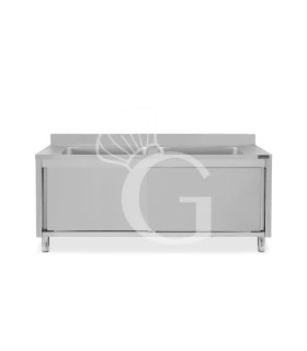 Spülschrank, Edelstahl, Schiebetüren, 2 Becken, Aufkantung, B 2000 mm x T 600 mm x H 950 mm