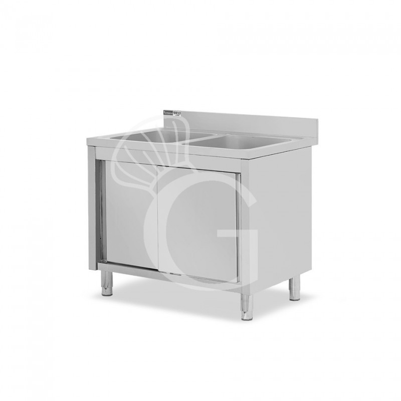 Spülschrank, Edelstahl, Schiebetüren, 2 Becken, B 1100 x T 600 x H 965 mm, Hahnloch (Ø 32 mm)