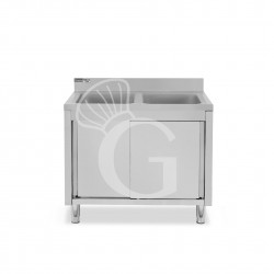 Spülschrank, Edelstahl, Schiebetüren, 2 Becken, B 1100 x T 600 x H 965 mm, Hahnloch (Ø 32 mm)