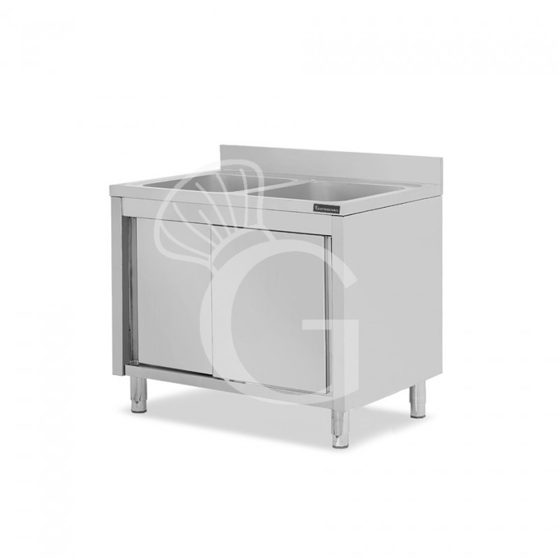 Topf-Spülschrank, Edelstahl, Schiebetüren, 2 Becken, Aufkantung, B 1000 mm x T 600 mm x H 950 mm