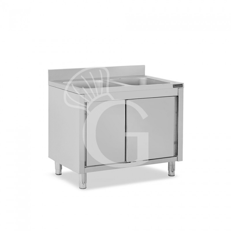 Topf-Spülschrank, Edelstahl, Schiebetüren, 2 Becken, Aufkantung, B 1000 mm x T 600 mm x H 950 mm