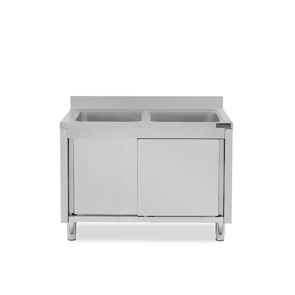 Spülschrank, Edelstahl, Schiebetüren, 2 Becken, Aufkantung, B 1200 mm x T 700 mm x H 950 mm