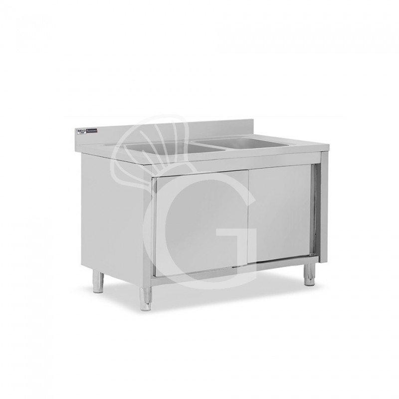 Spülschrank, Edelstahl, Schiebetüren, 2 Becken, Aufkantung, B 1200 x T 600 x H 965 mm, Hahnloch (Ø 32 mm)