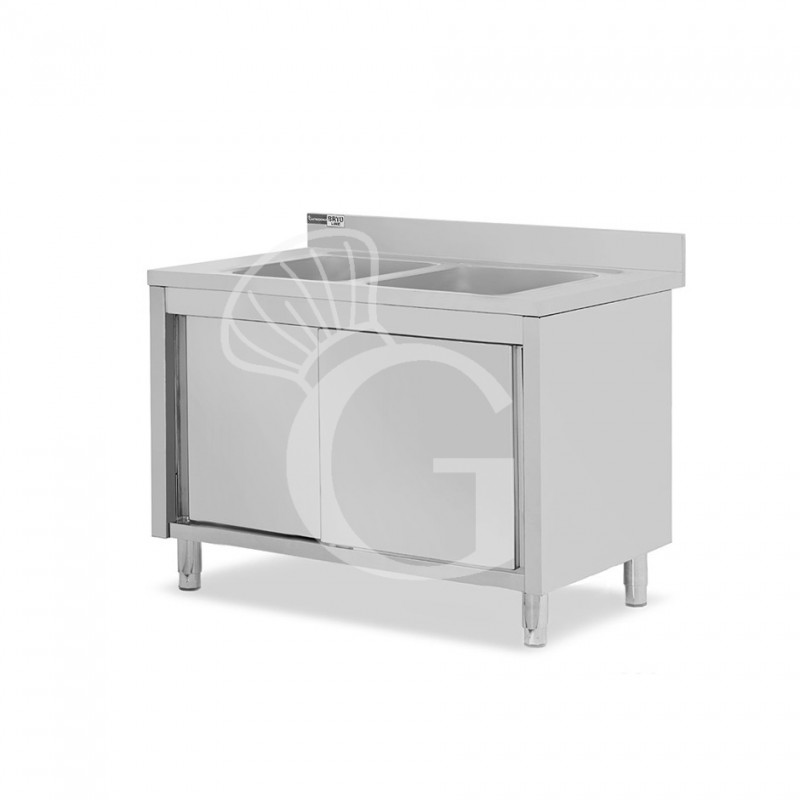 Spülschrank, Edelstahl, Schiebetüren, 2 Becken, Aufkantung, B 1300 x T 600 x H 965 mm, Hahnloch (Ø 32 mm)