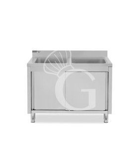 Spülschrank, Edelstahl, Schiebetüren, 2 Becken, Aufkantung, B 1300 x T 600 x H 965 mm, Hahnloch (Ø 32 mm)