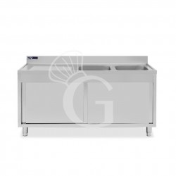 Spülschrank, Edelstahl, Schiebetüren, 2 Becken, Abtropffläche links, Aufkantung, B 1700 mm x T 700 mm x H 950 mm