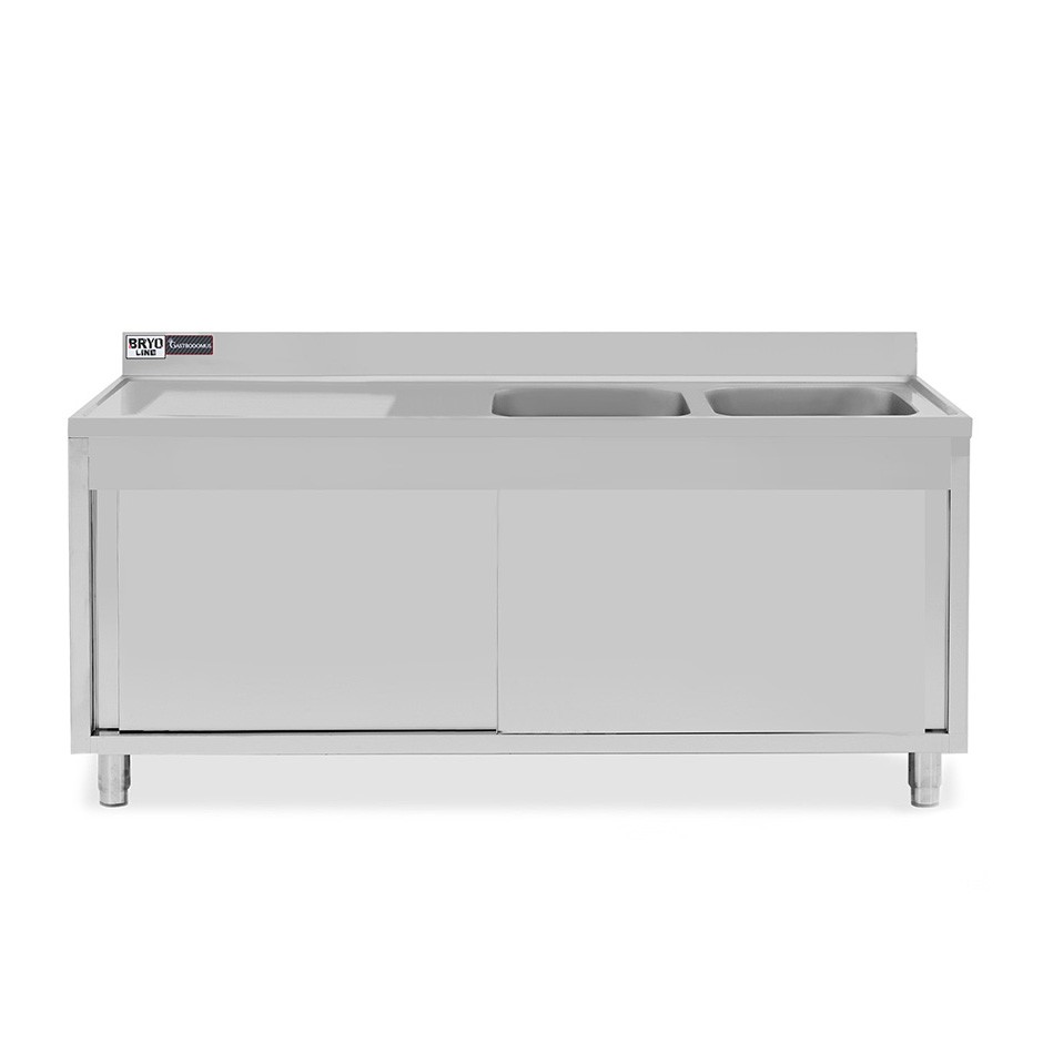 Spülschrank, Edelstahl, Schiebetüren, 2 Becken, Abtropffläche links, Aufkantung, B 1900 mm x T 700 mm x H 950 mm