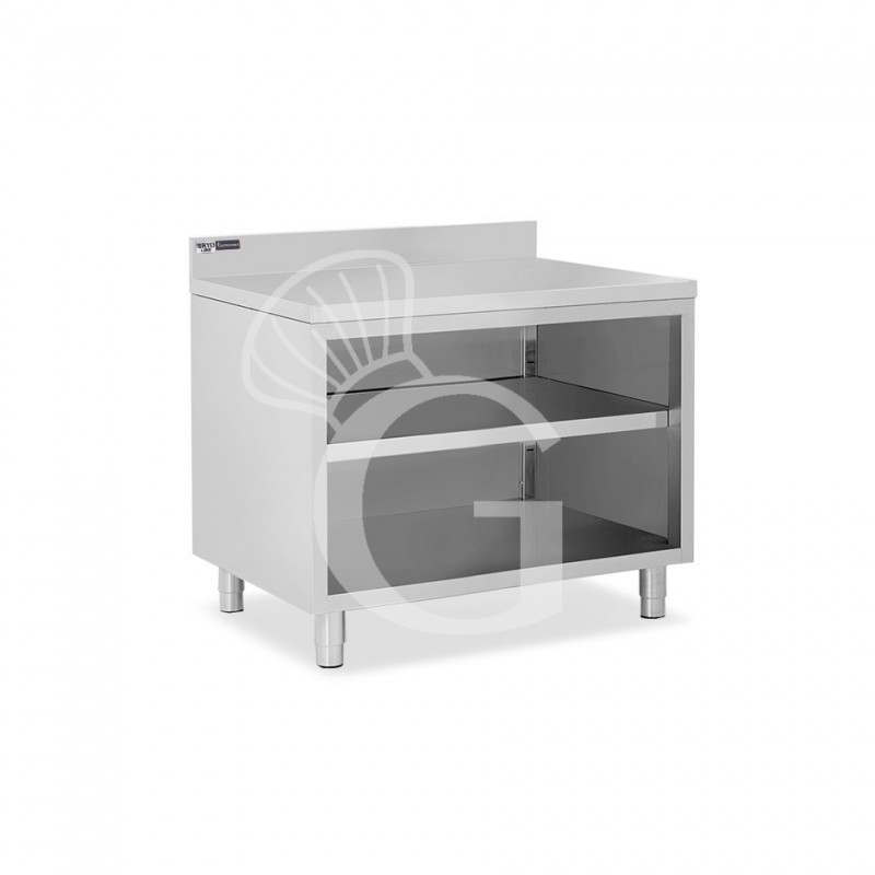 Arbeitsschrank offen, Edelstahl, 2 Regalböden, Aufkantung, B 1100 mm x T 600 mm x H 965 mm