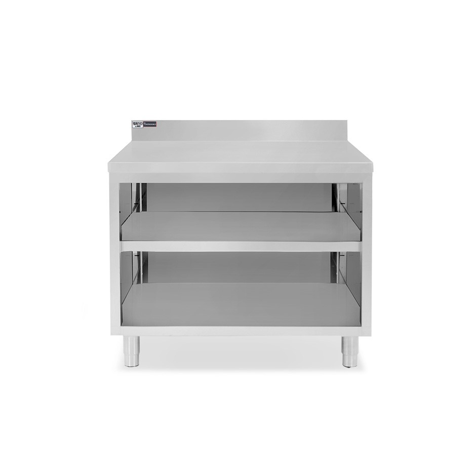 Arbeitsschrank offen, Edelstahl, 2 Regalböden, Aufkantung, B 1100 mm x T 600 mm x H 965 mm