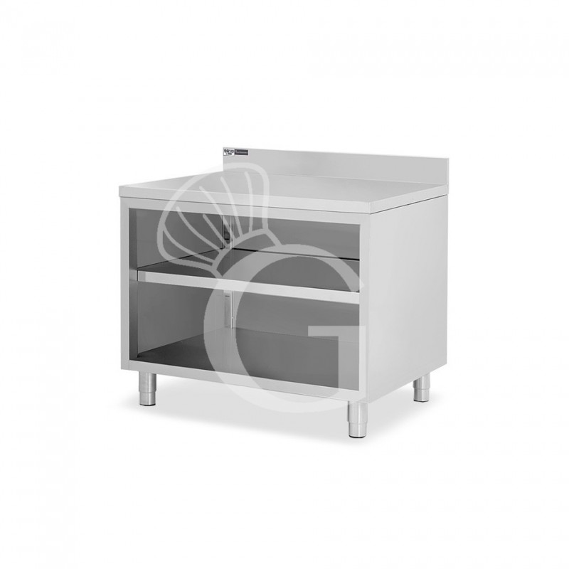 Arbeitsschrank offen, Edelstahl, 2 Regalböden, Aufkantung, B 1100 mm x T 700 mm x H 965 mm