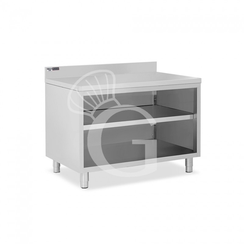 Arbeitsschrank offen, Edelstahl, 2 Regalböden, Aufkantung, B 1200 mm x T 600 mm x H 965 mm