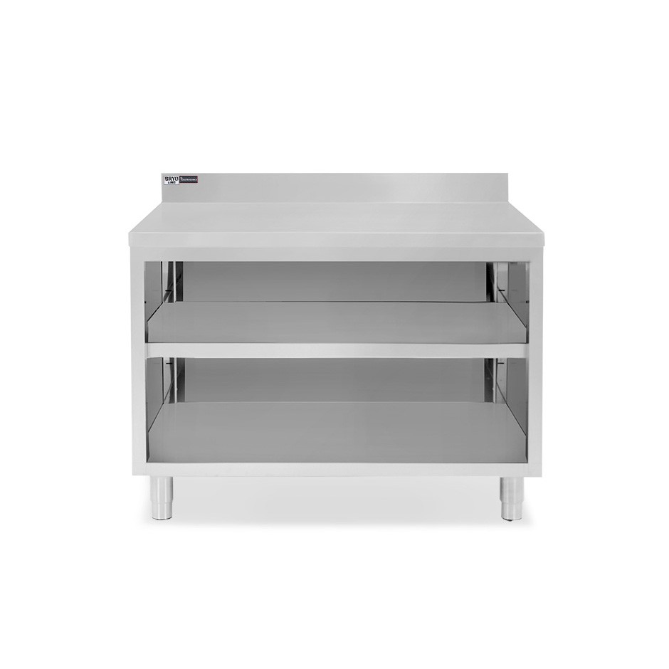 Arbeitsschrank offen, Edelstahl, 2 Regalböden, Aufkantung, B 1200 mm x T 700 mm x H 965 mm