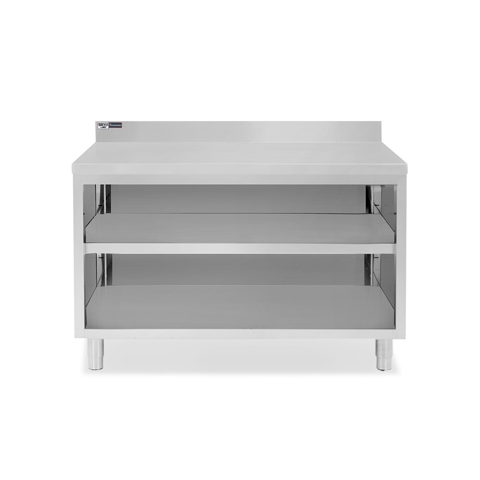 Arbeitsschrank offen, Edelstahl, 2 Regalböden, Aufkantung, B 1500 mm x T 600 mm x H 965 mm