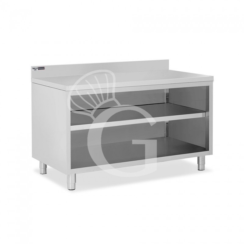 Arbeitsschrank offen, Edelstahl, 2 Regalböden, Aufkantung, B 1600 mm x T 600 mm x H 965 mm