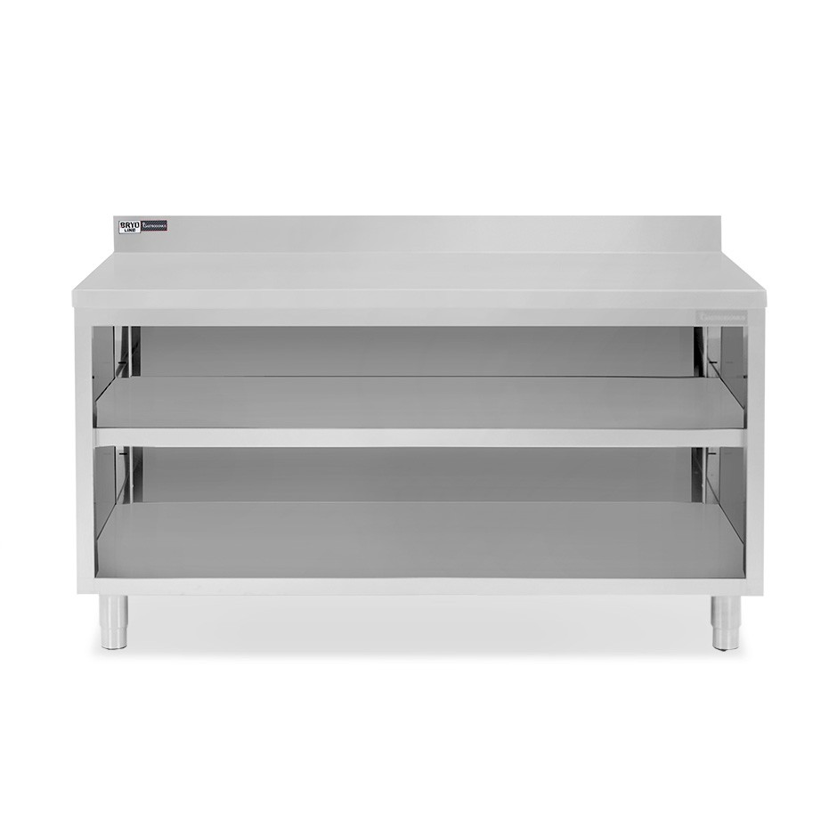 Arbeitsschrank offen, Edelstahl, 2 Regalböden, Aufkantung, B 1800 mm x T 700 mm x H 965 mm