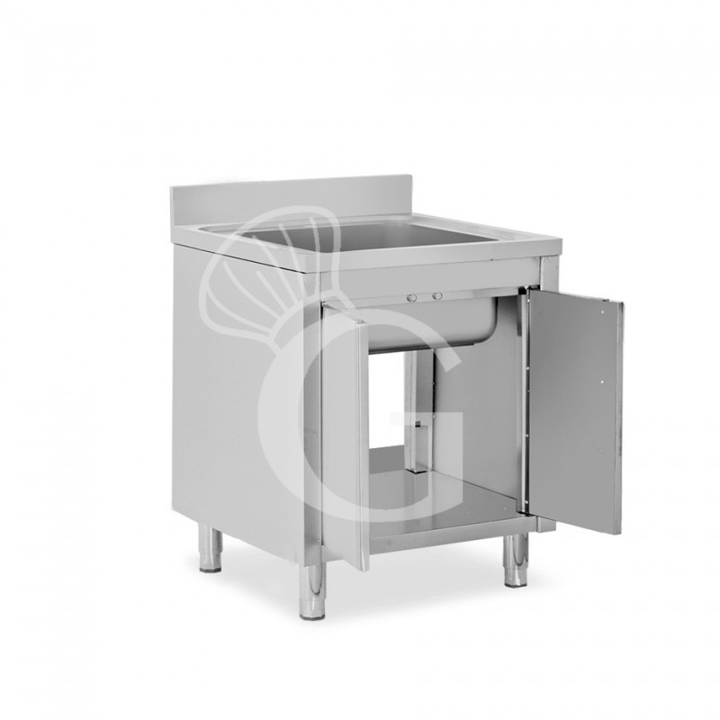 Spülschrank, Edelstahl, 1 Flügeltür, 1 Becken, Aufkantung, B 700 mm x T 600 mm x H 950 mm