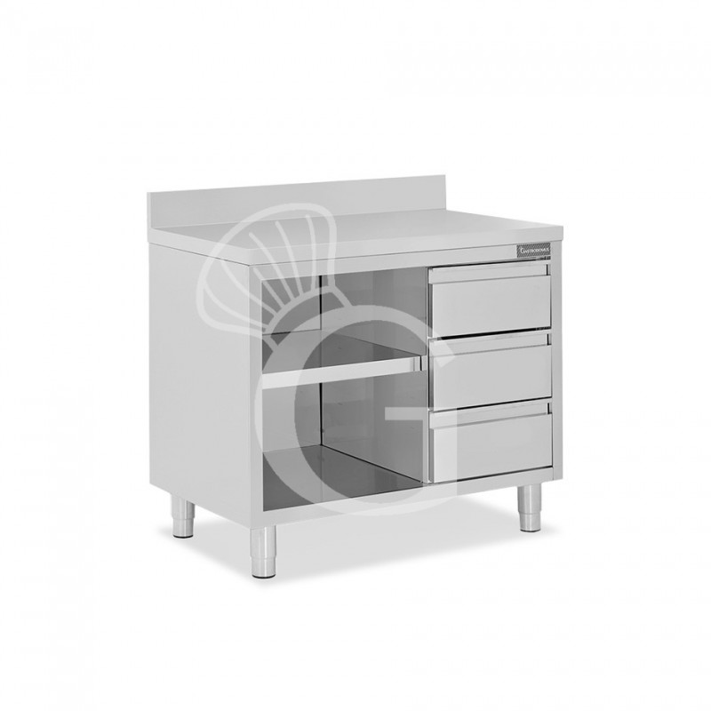 Offener Edelstahltisch mit 3 Schubladen rechts und Aufsatz B 1000 mm x T 600 mm x H 950 mm