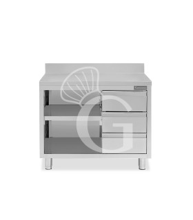 Offener Edelstahltisch mit 3 Schubladen rechts und Aufsatz B 1200 mm x T 600 mm x H 950 mm