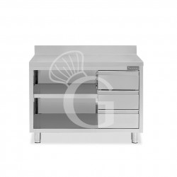Offener Edelstahltisch mit 3 Schubladen rechts und Aufsatz B 1500 mm x T 700 mm x H 950 mm