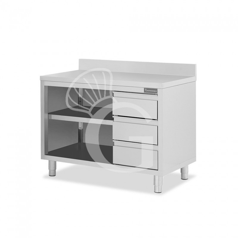 Offener Edelstahltisch mit 3 Schubladen rechts und Aufsatz B 1400 mm x T 600 mm x H 950 mm