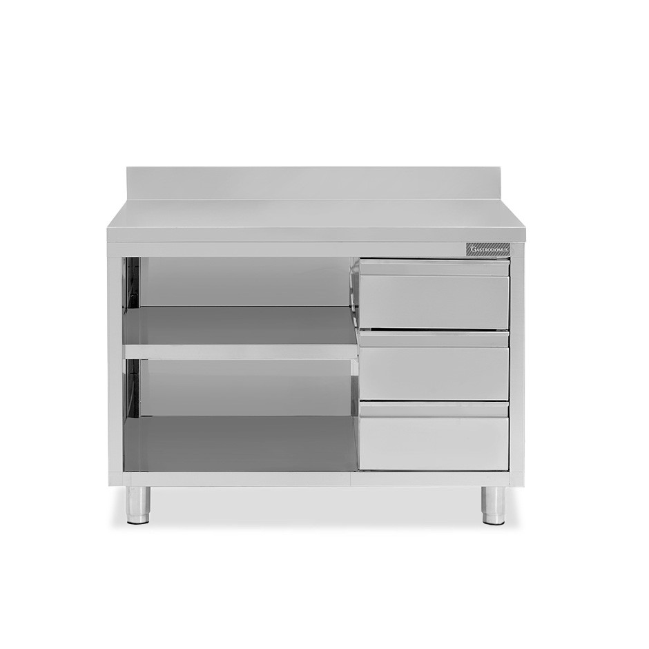 Offener Edelstahltisch mit 3 Schubladen rechts und Aufsatz B 1400 mm x T 600 mm x H 950 mm