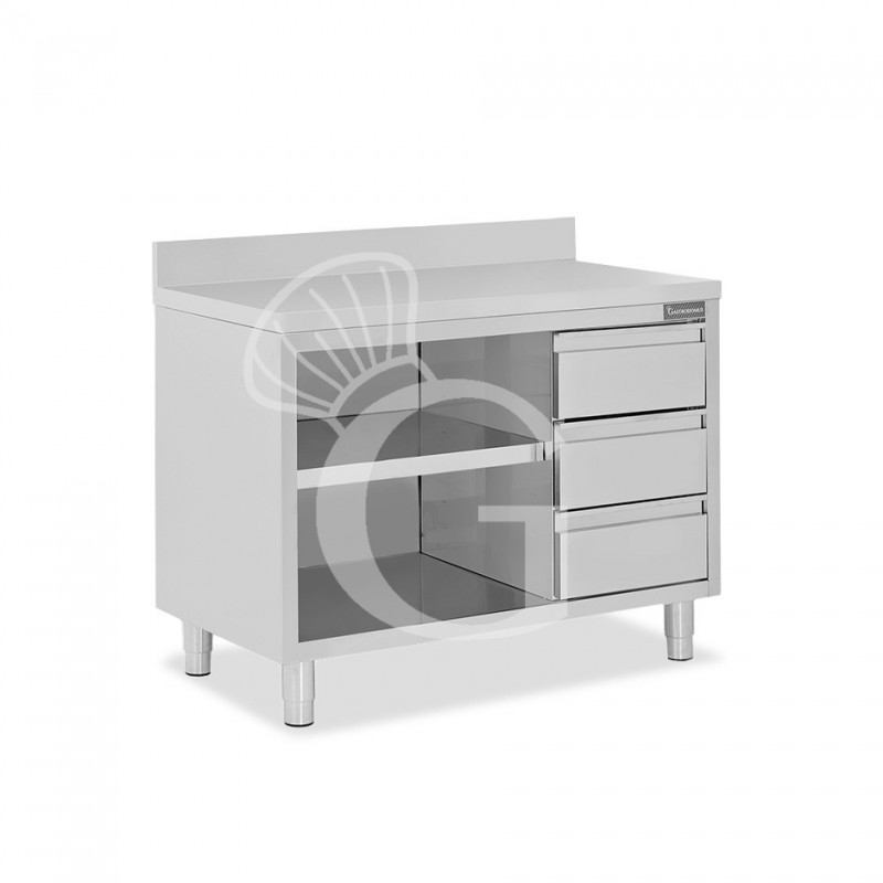 Offener Edelstahltisch mit 3 Schubladen rechts und Aufsatz B 1400 mm x T 600 mm x H 950 mm