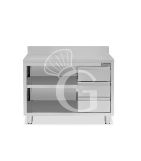 Offener Edelstahltisch mit 3 Schubladen rechts und Aufsatz B 1500 mm x T 600 mm x H 950 mm