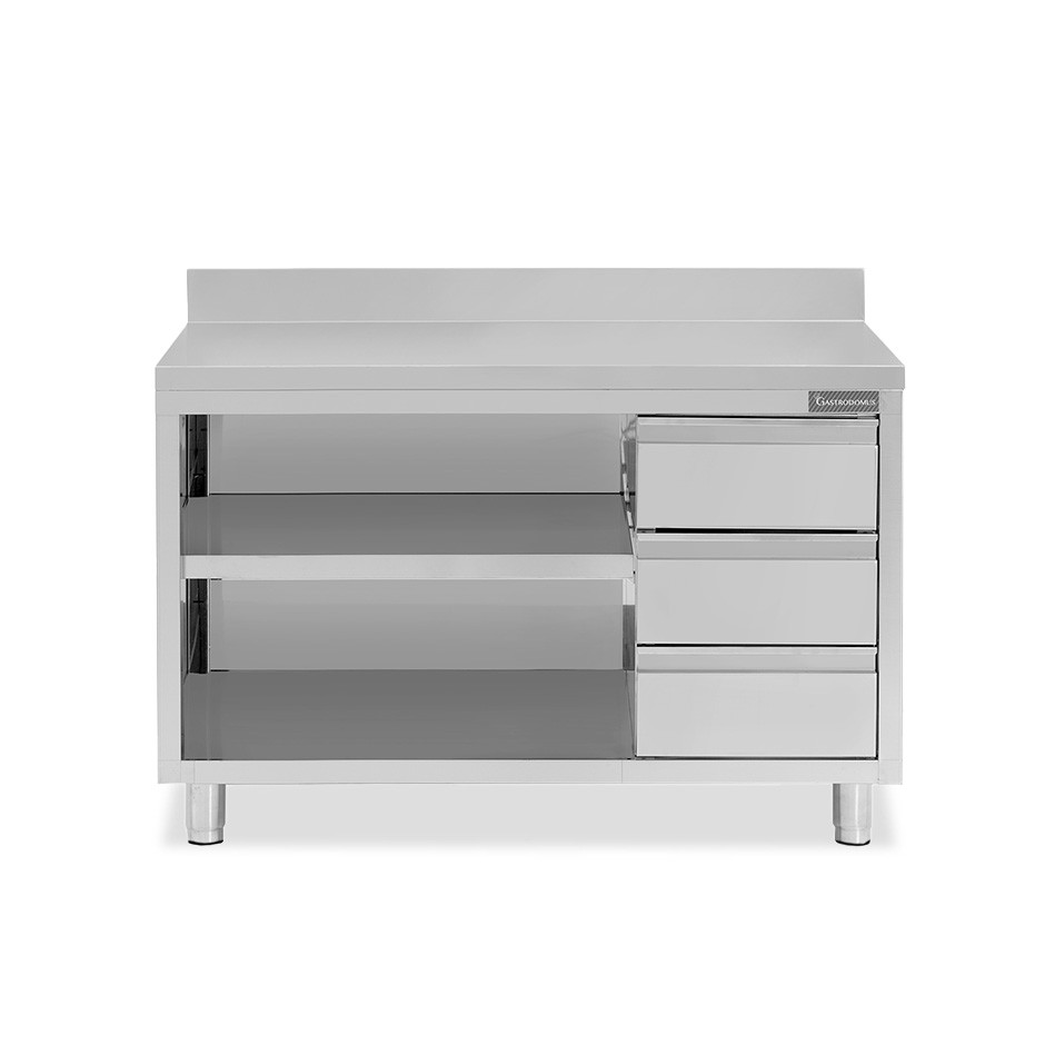 Offener Edelstahltisch mit 3 Schubladen rechts und Aufsatz B 1600 mm x T 700 mm x H 950 mm