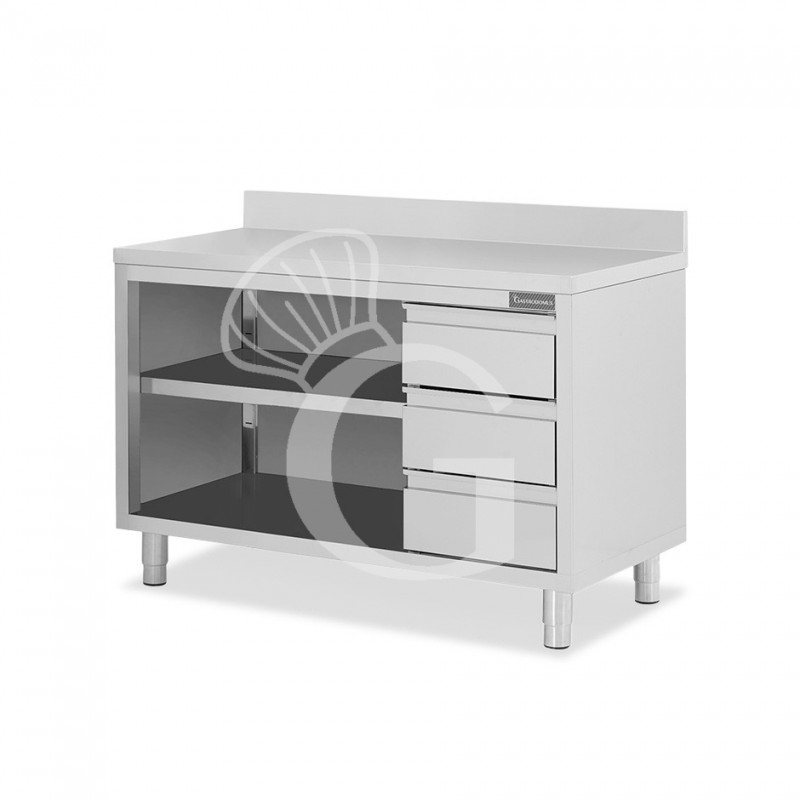 Offener Edelstahltisch mit 3 Schubladen rechts und Aufsatz B 1600 mm x T 600 mm x H 950 mm