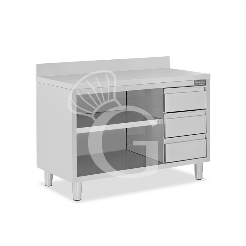 Offener Edelstahltisch mit 3 Schubladen rechts und Aufsatz B 1700 mm x T 700 mm x H 950 mm