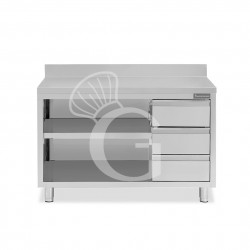 Offener Edelstahltisch mit 3 Schubladen rechts und Aufsatz B 1700 mm x T 600 mm x H 950 mm