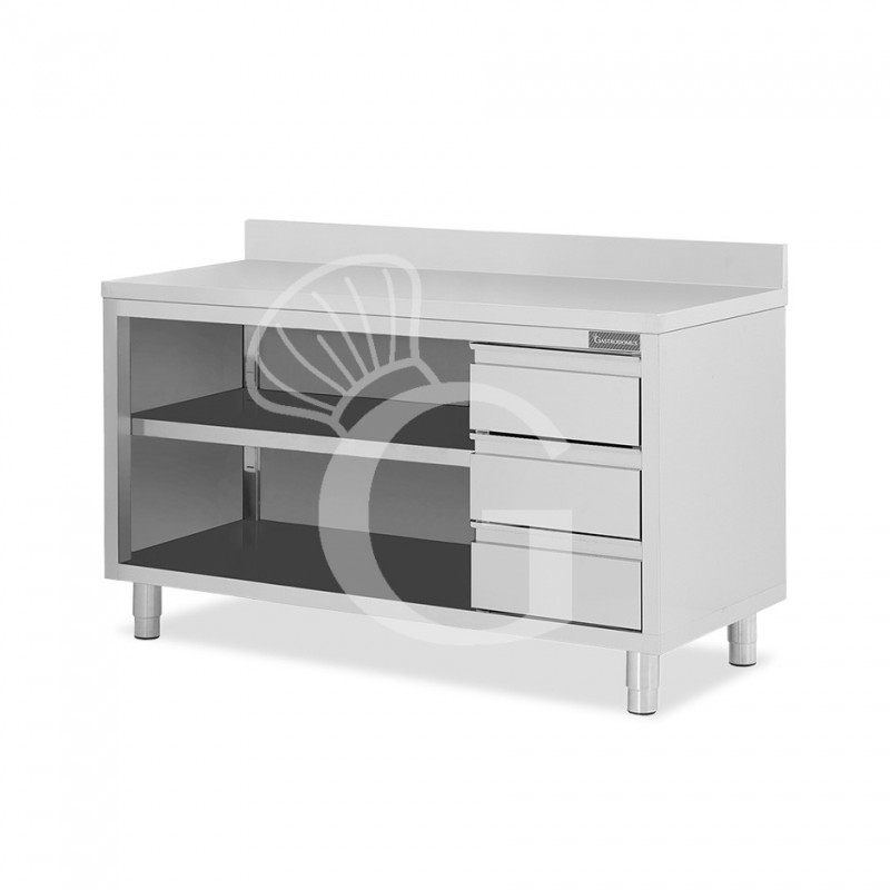 Offener Edelstahltisch mit 3 Schubladen rechts und Aufsatz B 1800 mm x T 700 mm x H 950 mm