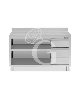 Offener Edelstahltisch mit 3 Schubladen rechts und Aufsatz B 1900 mm x T 700 mm x H 950 mm