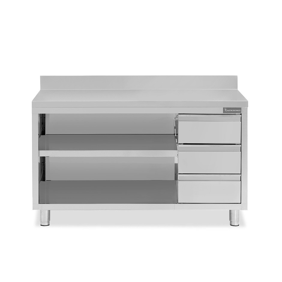Offener Edelstahltisch mit 3 Schubladen rechts und Aufsatz B 1900 mm x T 700 mm x H 950 mm