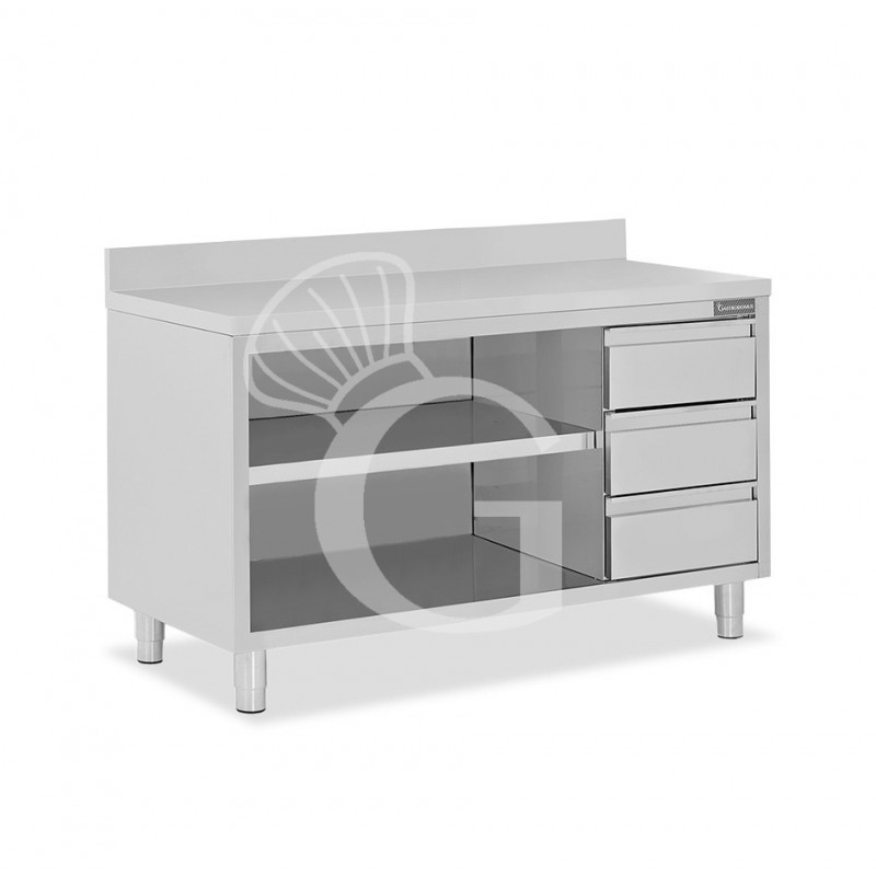 Offener Edelstahltisch mit 3 Schubladen rechts und Aufsatz B 1900 mm x T 700 mm x H 950 mm