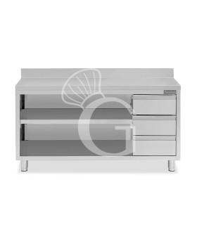Offener Edelstahltisch mit 3 Schubladen rechts und Aufsatz B 2100 mm x T 700 mm x H 950 mm