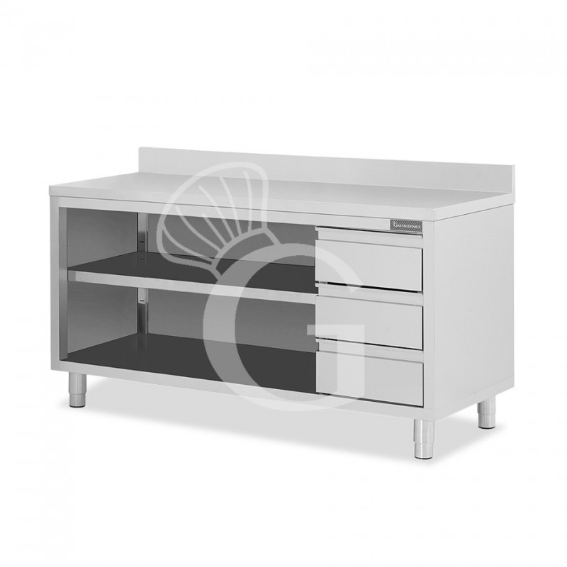 Offener Edelstahtisch mit 3 Schubladen rechts und Aufsatz B 2100 mm x T 600 mm x H 950 mm