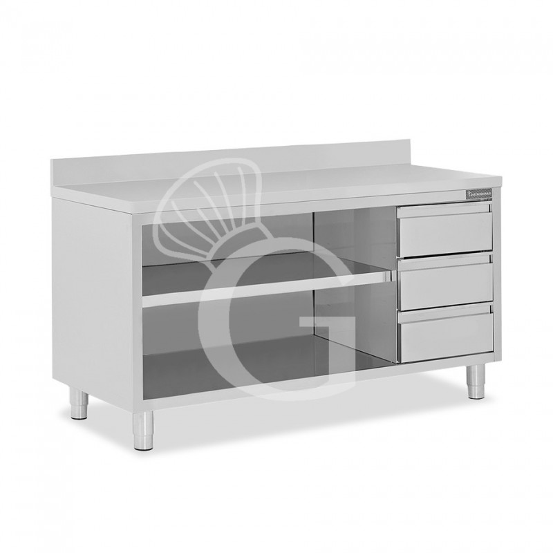 Offener Edelstahtisch mit 3 Schubladen rechts und Aufsatz B 2100 mm x T 600 mm x H 950 mm