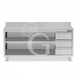 Offener Edelstahltisch mit 3 Schubladen rechts und Aufsatz B 2200 mm x T 700 mm x H 950 mm