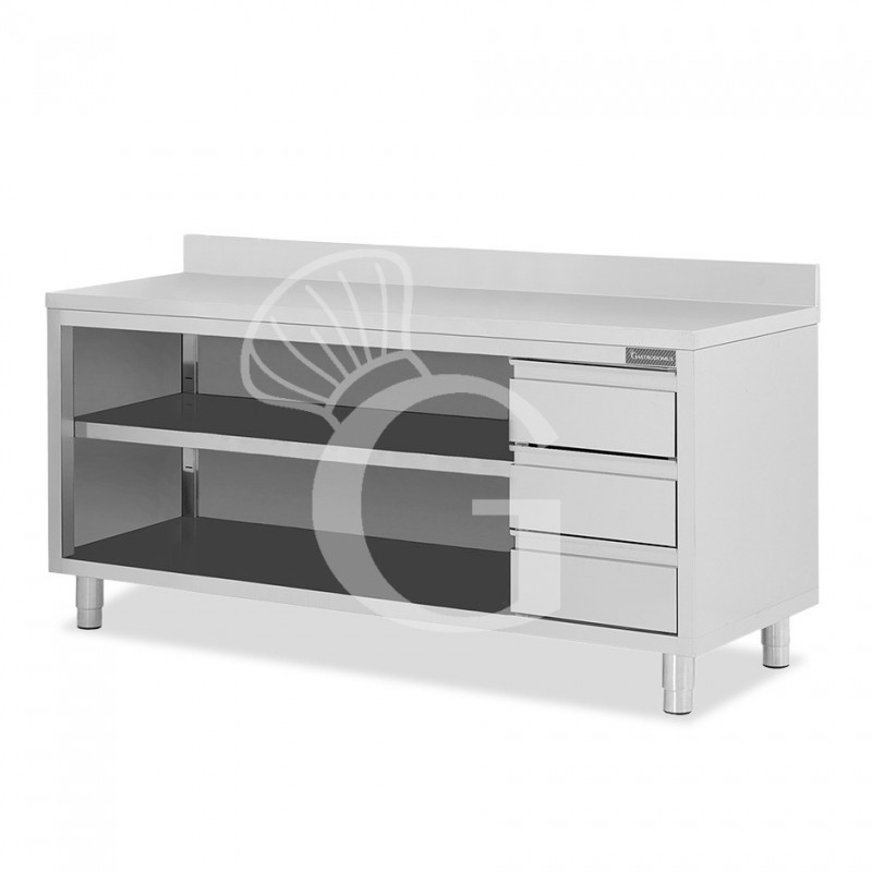 Offener Edelstahltisch mit 3 Schubladen rechts und Aufsatz B 2300 mm x T 600 mm x H 950 mm